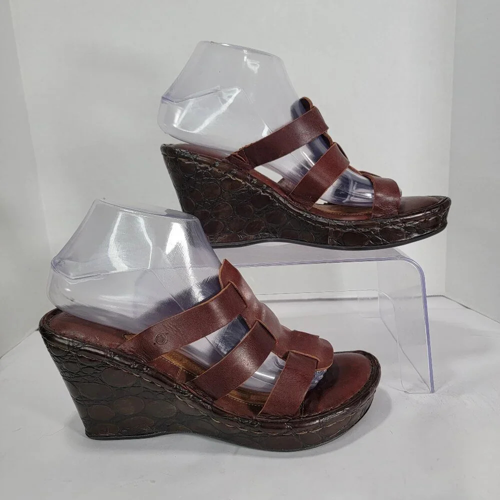 Born Brown Leather Wedge Sandals Crocodile Embossed Women’s 9 Y2K Boho‎ Earthy